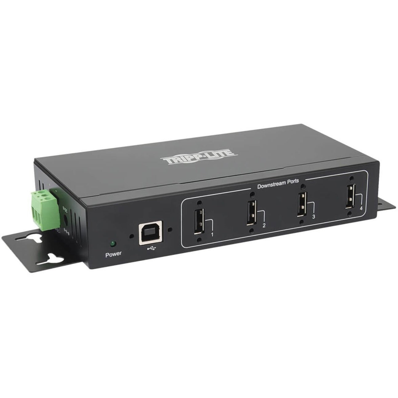 Angled view of industrial USB hub showing mounting brackets and full port configuration-alternate-image5