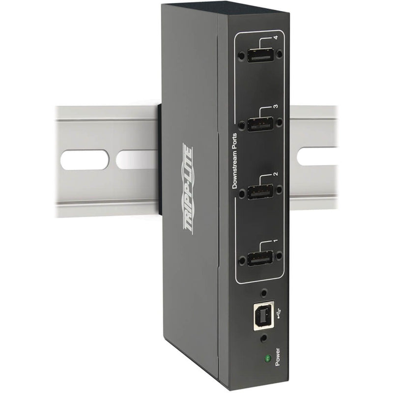 Side view of USB hub mounted on DIN rail showing port accessibility