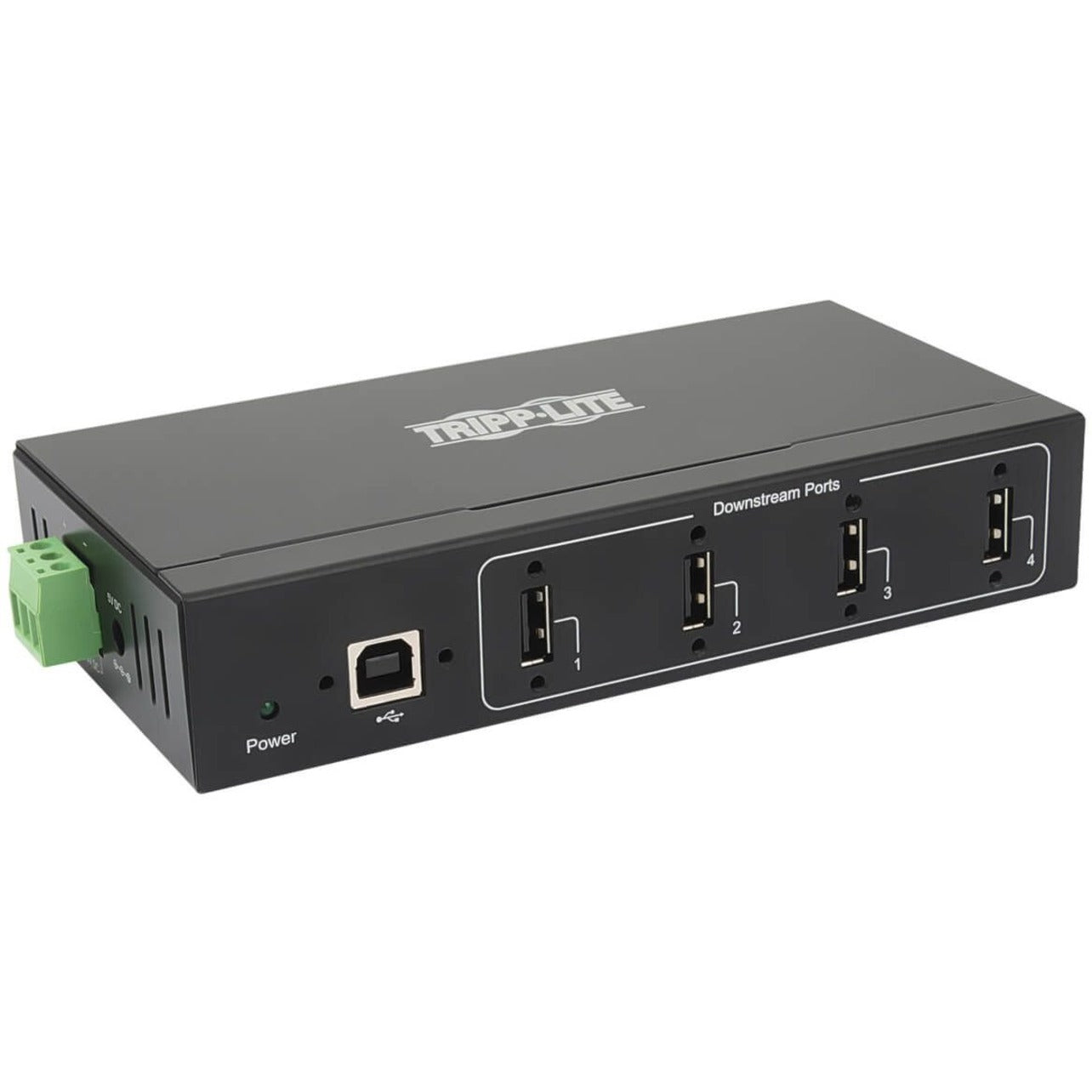 Front view of Tripp Lite industrial USB hub showing 4 USB ports, power indicator, and terminal block connection-alternate-image1