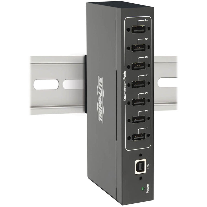 Side view of USB hub mounted on DIN rail showing port accessibility