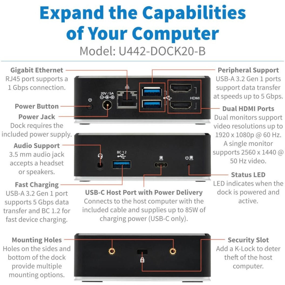 Tripp Lite U442-DOCK20-B Docking Station Dual Display HDMI USB-A Hub  Tripp Lite U442-DOCK20-B Docking Station Dubbele Display HDMI USB-A Hub