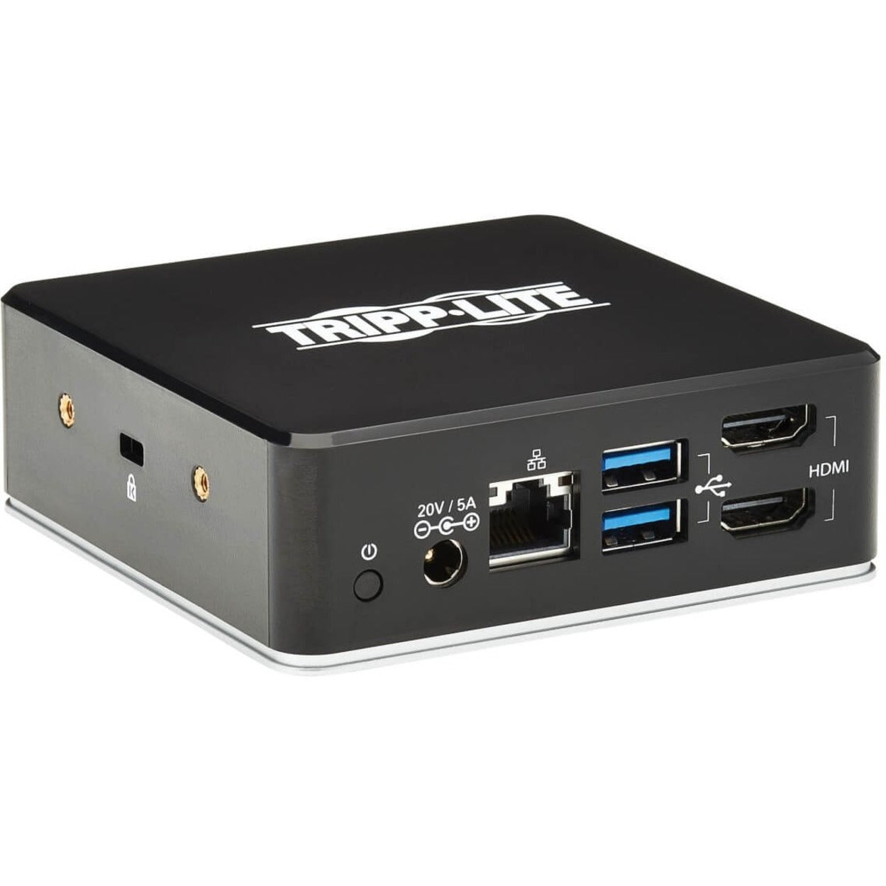 Tripp Lite U442-DOCK20-B docking station front view showing multiple ports including HDMI, USB, and Ethernet connections-alternate-image1