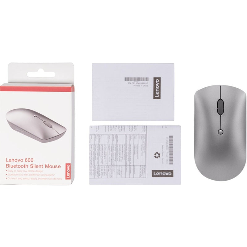 Product package contents of Lenovo 600 Bluetooth Silent Mouse including box, documentation, and mouse