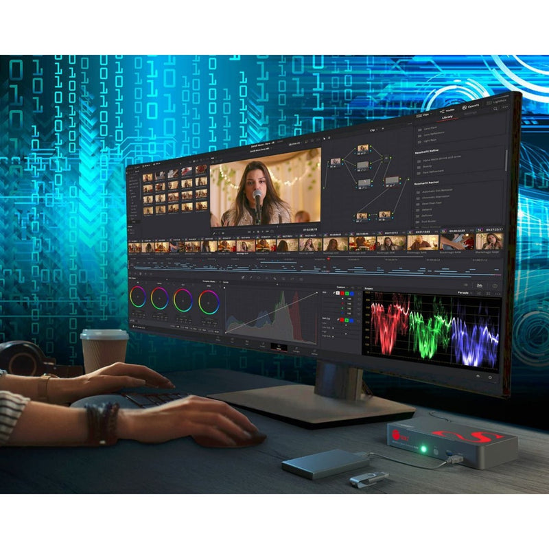 Video editing workspace showing 4K monitor with KVM switch