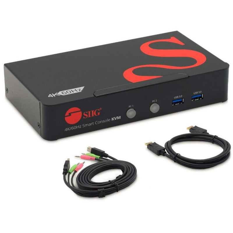 SIIG 2-port DisplayPort KVM switch with included connection cables shown against white background