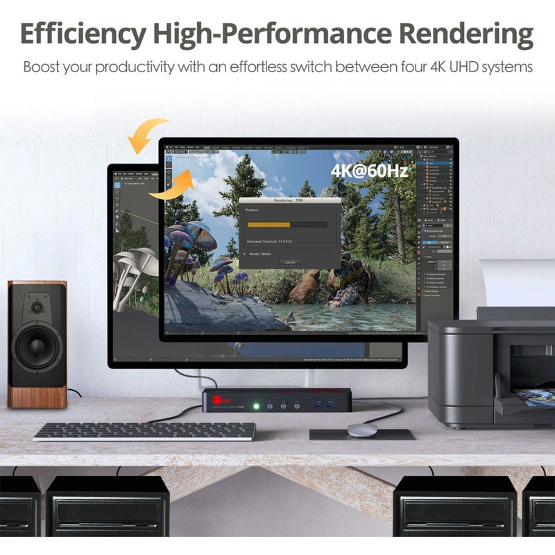 Workspace setup showing 4K display performance with rendering application