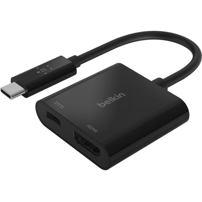 Belkin USB-C to HDMI adapter showing main connector and dual ports in matte black finish