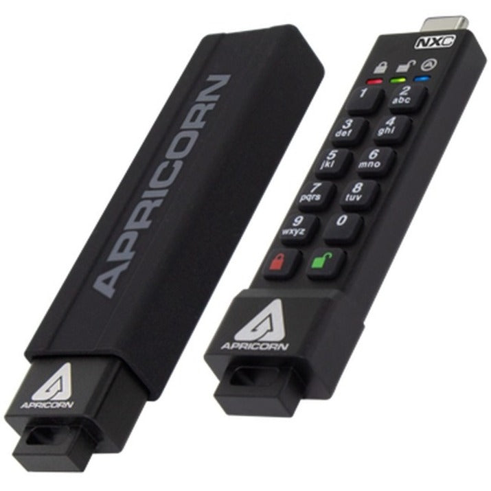 Apricorn Aegis Secure Key 3NXC USB-C encrypted flash drive with integrated keypad shown closed and open