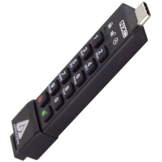 Angled view of Apricorn Secure Key 3NXC keypad showing LED indicators and USB-C connector