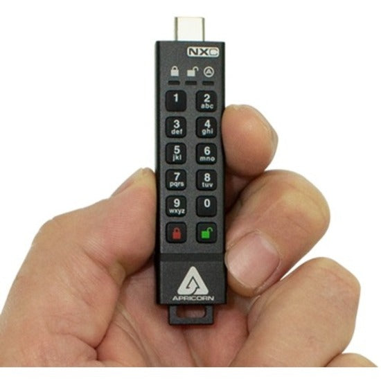 Hand holding Apricorn Secure Key 3NXC showing size and ergonomic keypad design