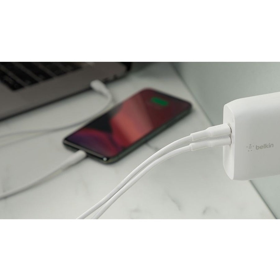 Belkin BoostCharge Dubbele USB-C GaN Muur Lader 68W en USB-C Kabel Laptop Chromebook Opladen - Voedingsadapter (WCH003DQ2MWH-B6) Stopgezet Stopgezet