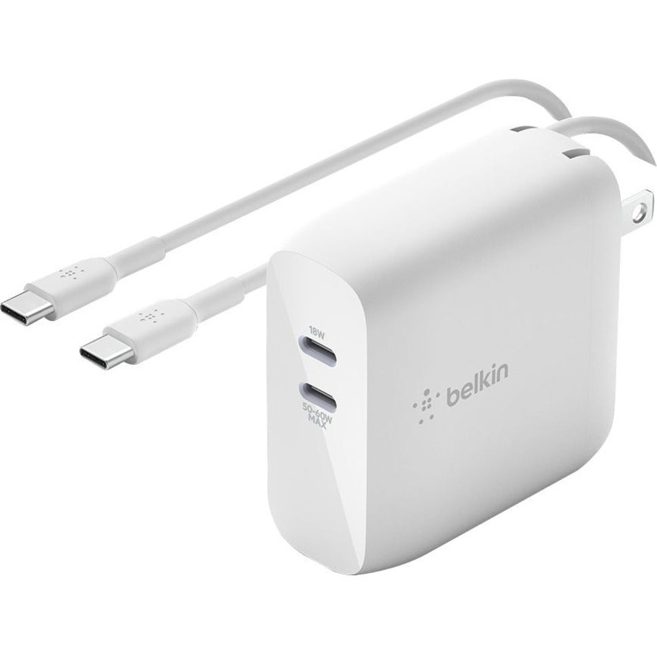 Belkin BoostCharge Dubbele USB-C GaN Muur Lader 68W en USB-C Kabel Laptop Chromebook Opladen - Voedingsadapter (WCH003DQ2MWH-B6) Stopgezet Stopgezet