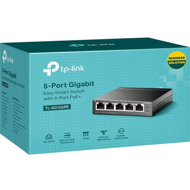 Retail packaging of TP-Link TL-SG105PE showing product features and specifications