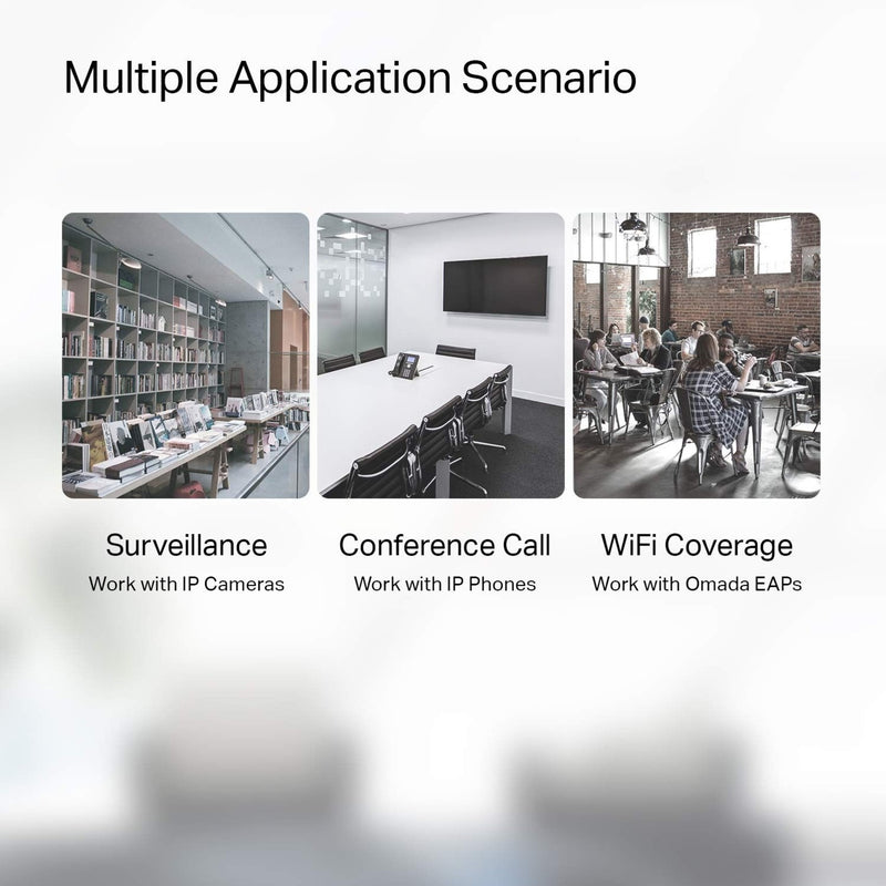 Multiple application scenarios showing TL-SG105PE usage in different settings