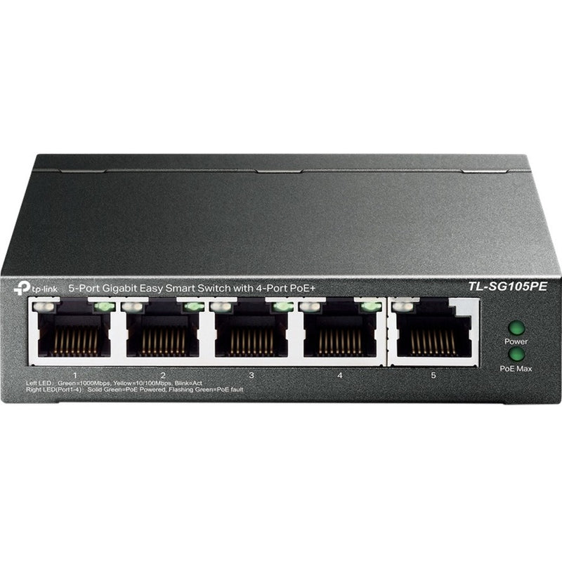 Front view of TP-Link TL-SG105PE 5-port gigabit smart switch showing network ports and LED indicators