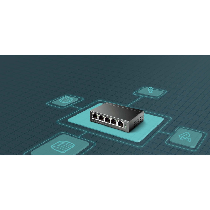 Conceptual illustration showing TL-SG105PE as central network hub with connected devices