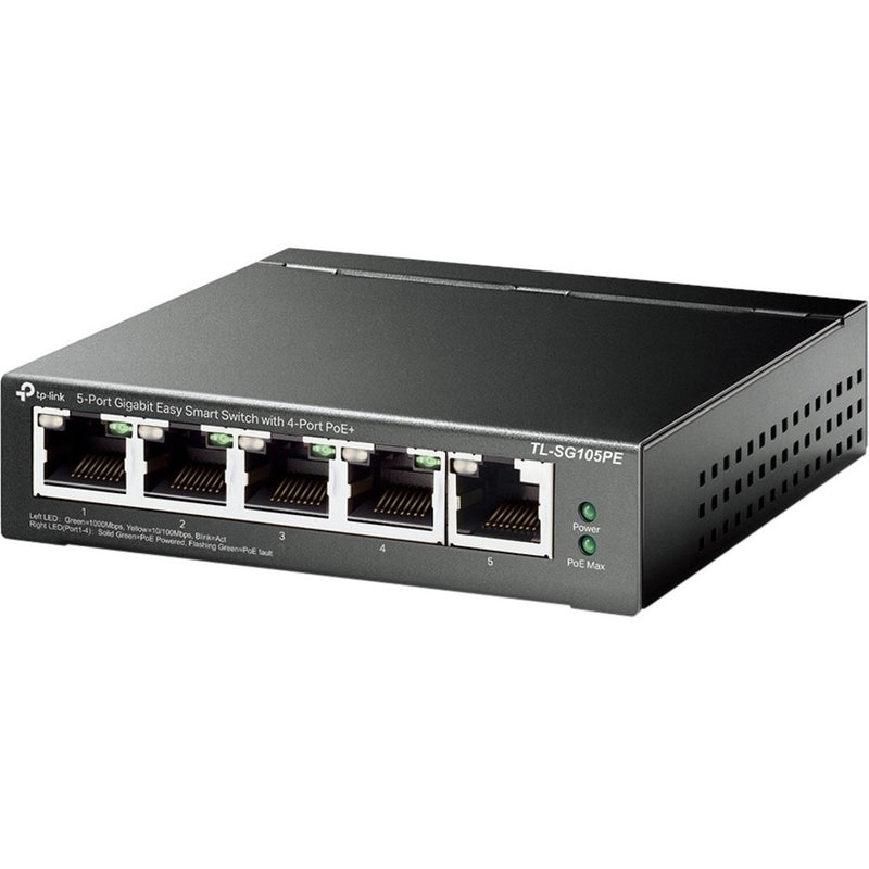 Angled perspective view of TP-Link TL-SG105PE switch showing compact metal chassis design