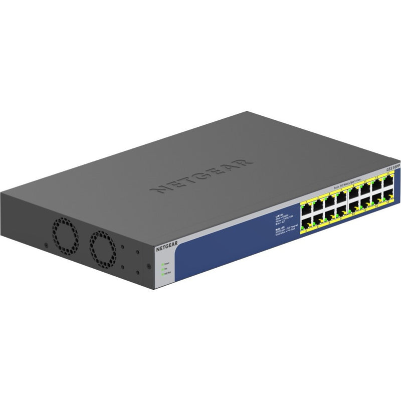 Three-quarter view of Netgear GS516PP switch showing angular design