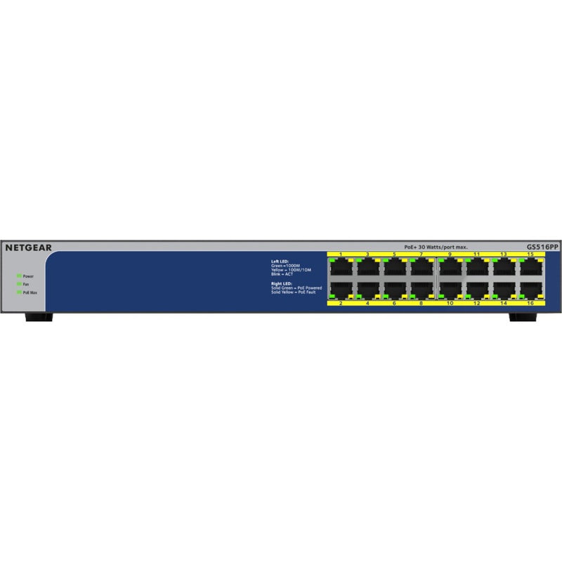 Detailed front view of Netgear GS516PP switch port layout