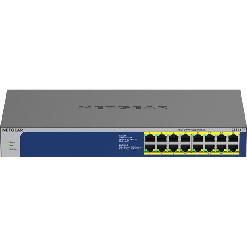 Front view of Netgear GS516PP switch displaying 16 Gigabit ports with LED indicators