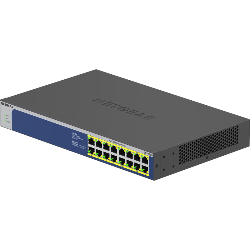 Angled view of Netgear GS516PP 16-port PoE+ switch showing front ports and cooling vents