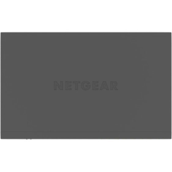 Top view of Netgear GS516UP switch showing embossed logo and metal construction