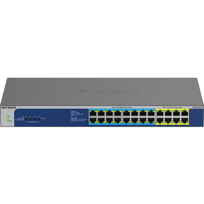 Front view of NETGEAR GS524UP 24-port Gigabit Ethernet switch with LED indicators and port layout