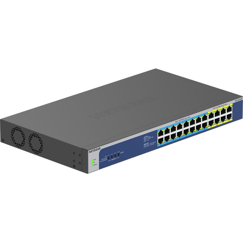 Angled perspective of NETGEAR GS524UP switch showing complete port array and chassis design