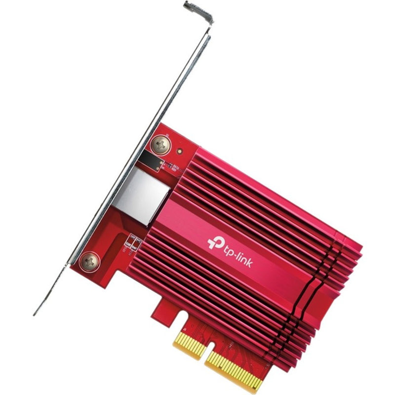 TP-Link TX401 10GB PCIe network card showing red aluminum heatsink design and PCIe connector