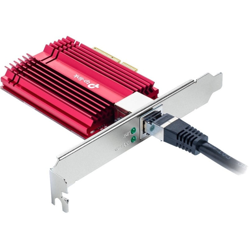 TP-Link TX401 network card with ethernet cable connected showing active status LEDs