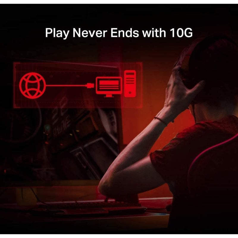 Gaming-focused promotional image showing TX401's network gaming capabilities