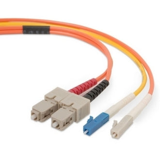 Belkin fiber optic duplex patch cable with orange jacket showing LC and SC connectors at each end