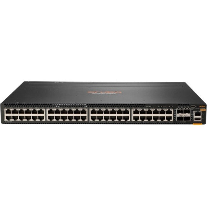 Front view of Aruba 6300M Layer 3 switch showing 48 Gigabit Ethernet ports and 4 SFP56 uplink ports