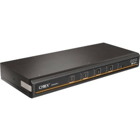 Angled view of Cybex SC840DPH secure KVM switch showing port configuration and compact design