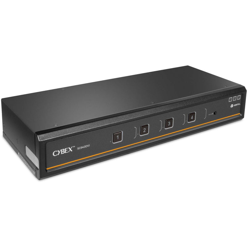 Angled perspective view of Cybex SC940DVI secure KVM switch highlighting compact design