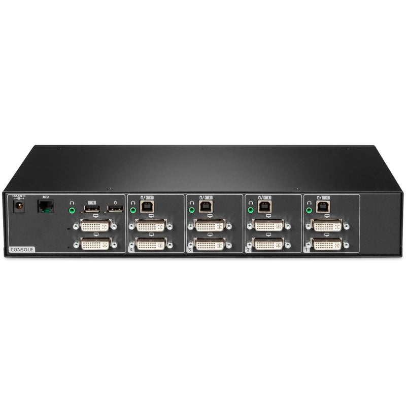 Rear panel view of Cybex SC940DVI secure KVM switch showing all available ports and connections