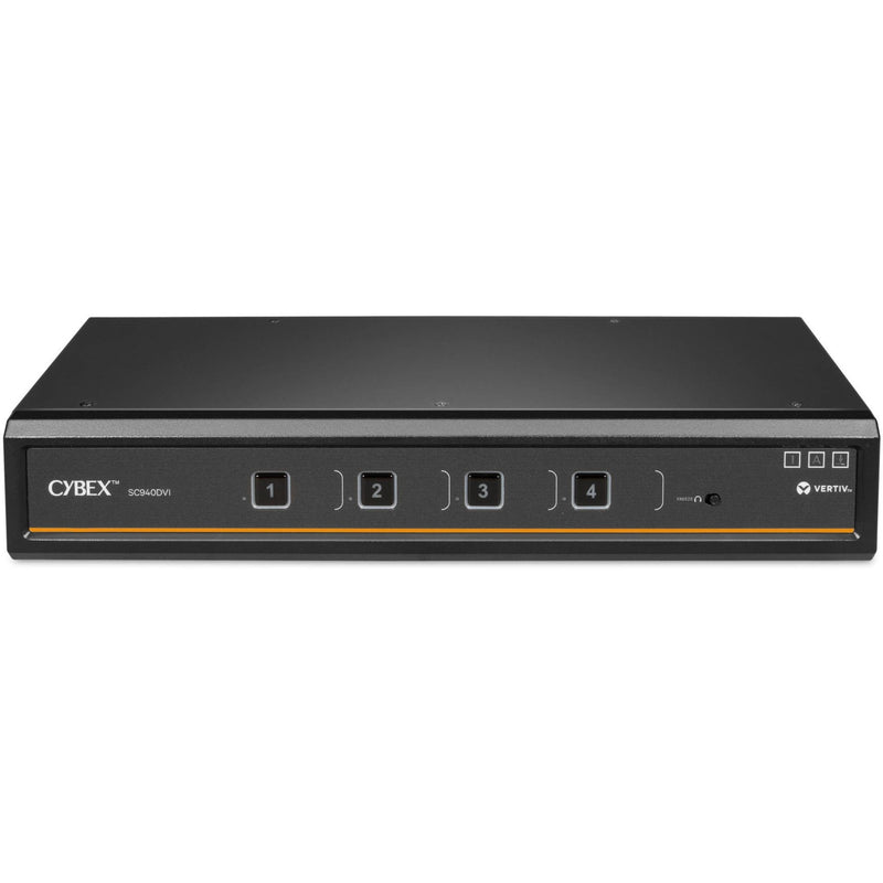 Front view of Cybex SC940DVI secure KVM switch showing four numbered selection buttons and status indicators