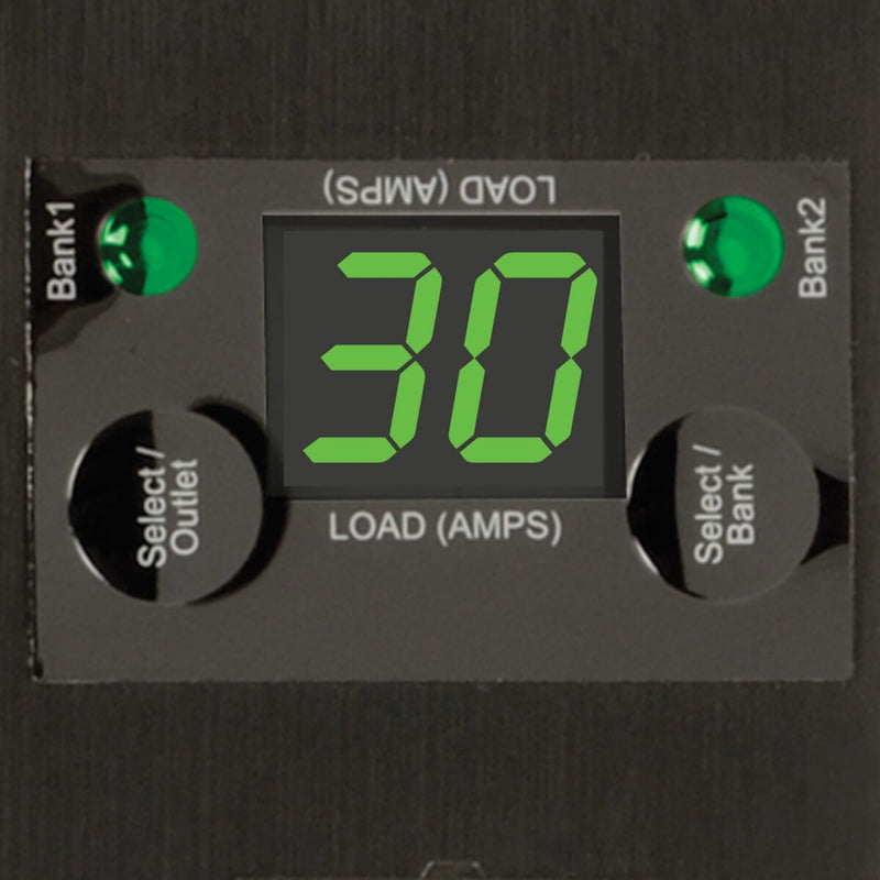 Close-up of digital load meter showing amperage reading and status LEDs