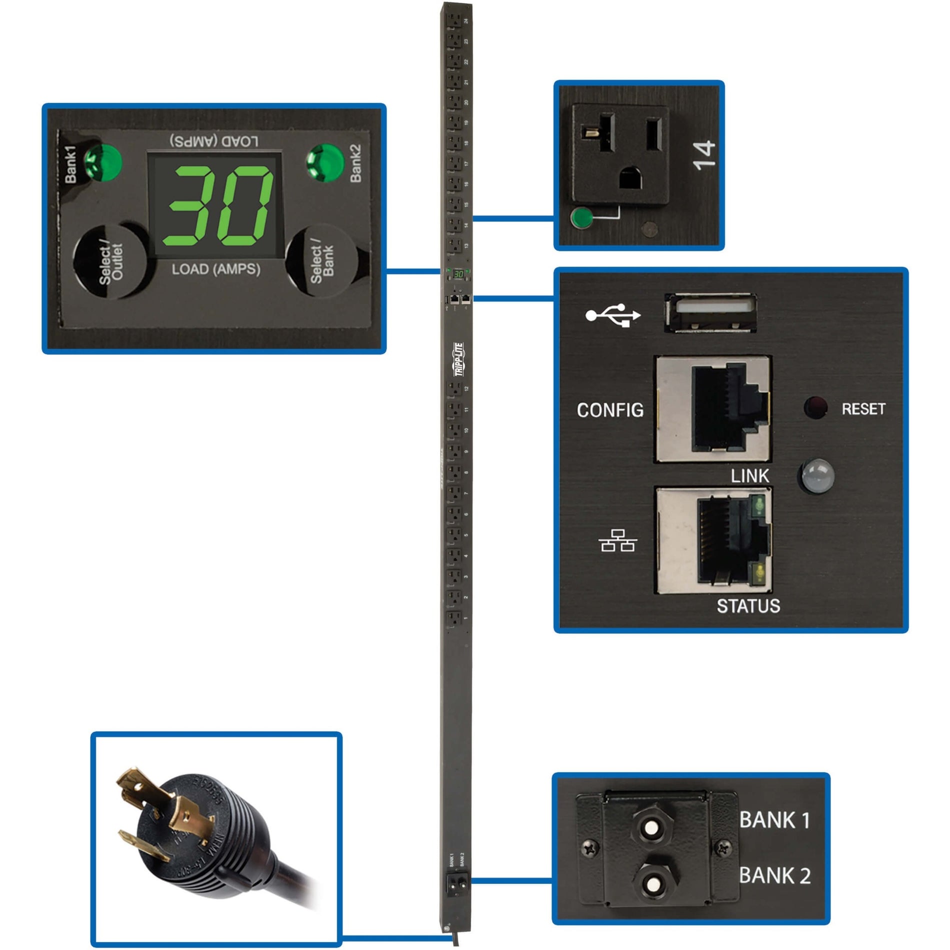 Digital load meter display showing 30 amp reading with bank selection controls and status indicators-alternate-image1