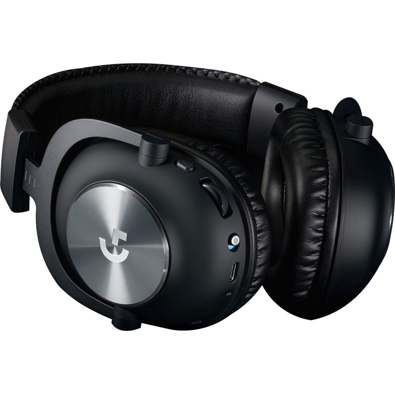 Side view of Logitech PRO X Wireless Gaming Headset showing on-ear controls and metal accents