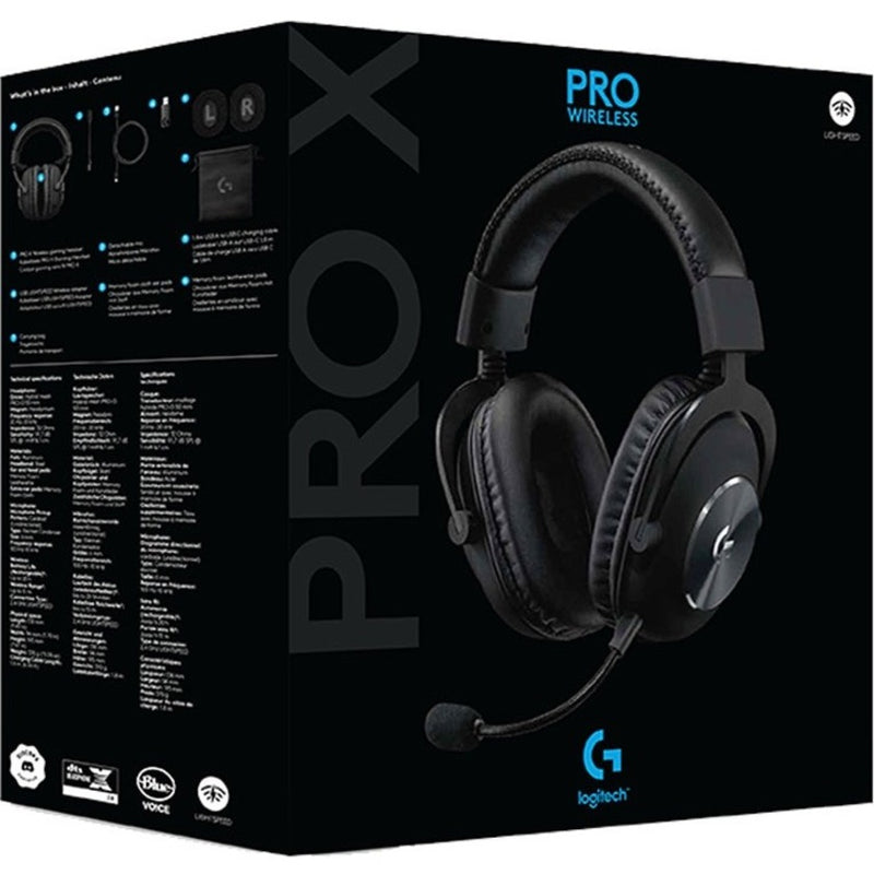 Retail packaging of Logitech PRO X Wireless Gaming Headset showing product features and specifications