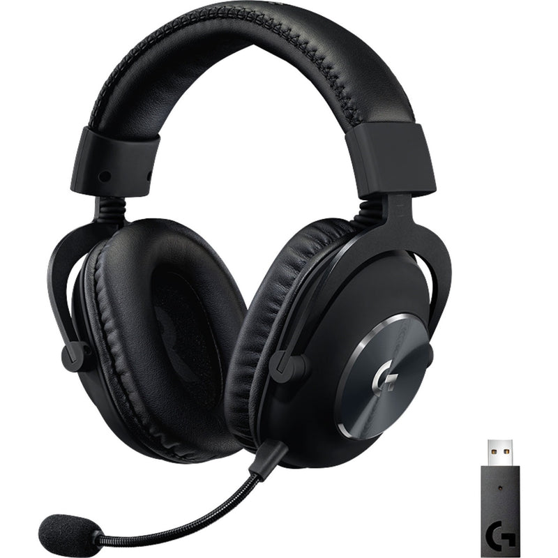 Logitech PRO X Wireless Gaming Headset with detachable microphone and wireless USB adapter shown from side angle