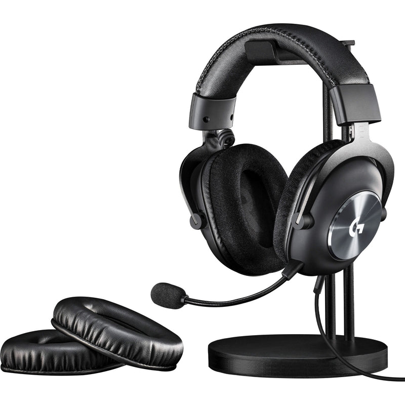 Logitech PRO X Wireless Gaming Headset on display stand with extra ear pads