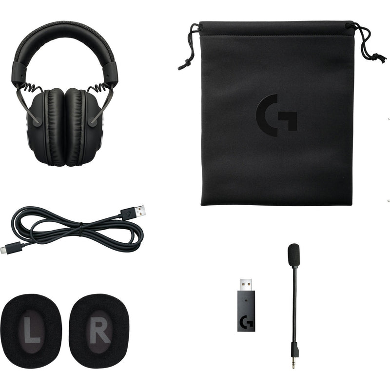 Complete package contents of Logitech PRO X Wireless Gaming Headset including accessories