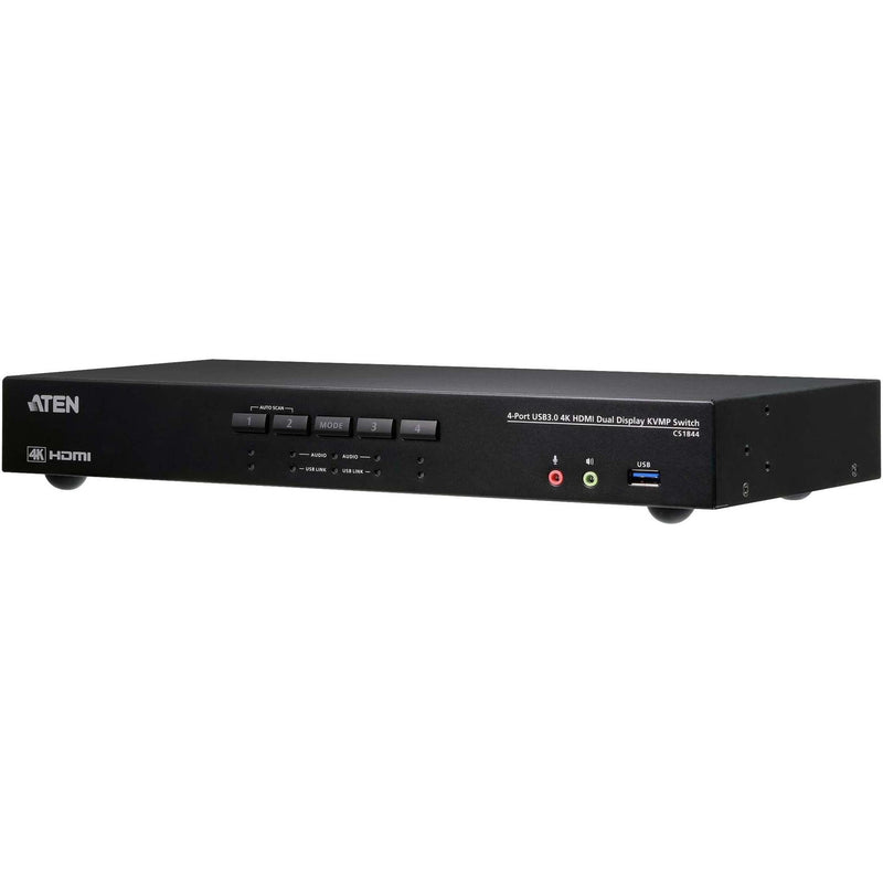 Front view of ATEN CS1844 4-Port USB 3.0 4K HDMI Dual Display KVMP Switch showing control buttons and USB port