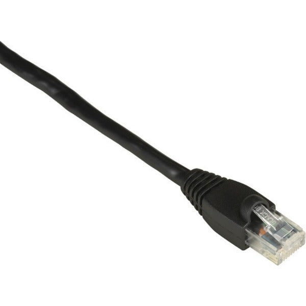 Close-up view of Black Box GigaTrue Cat.6 cable's black RJ-45 connector with transparent contact pins and integrated strain relief boot