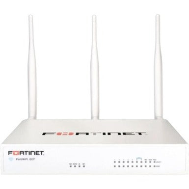 Fortinet FortiWiFi 60F security appliance in white with three vertical antennas and LED status indicators-alternate-image1