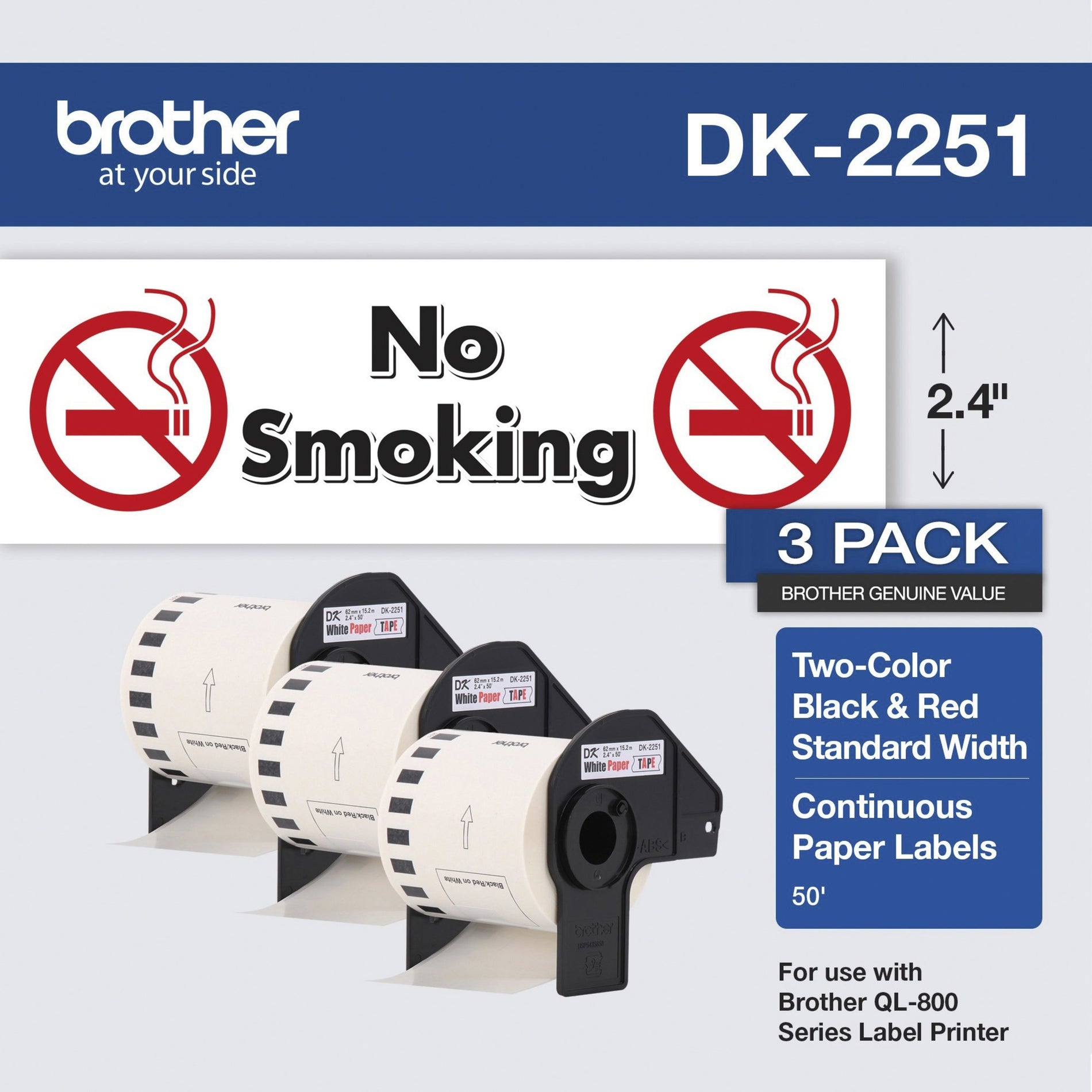 Brother DK-2251 label roll package showing a No Smoking sign sample and three continuous paper rolls-alternate-image1