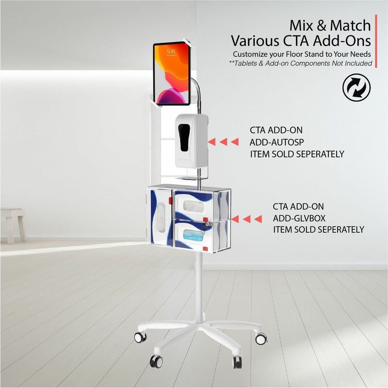 Medical tablet stand with optional add-on accessories including sanitizer dispenser and storage components