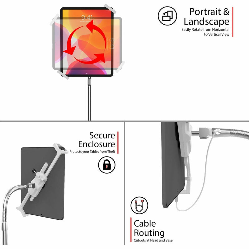 Detailed view of tablet security features and cable management system with rotation capabilities